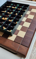 Drueke 18”x 18” Solid Walnut and Maple Chess Set with all pieces
